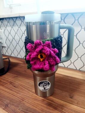 Handmade Pink Crochet Flower Cozy For Large Water Vottle With Handle.